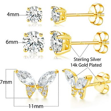 ZUQIETA Gold Plated Stud Earring Sets - Bee, Butterfly, Round & Square Designs