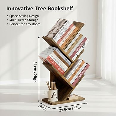 ZUQIETA 4-Tier Tree Bookshelf, Modern Free Standing Bookcase for Home Office Living Room