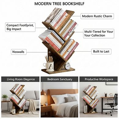 ZUQIETA 4-Tier Tree Bookshelf, Modern Free Standing Bookcase for Home Office Living Room