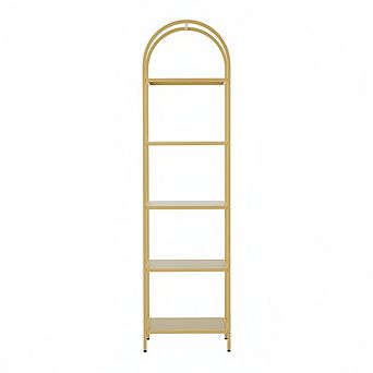 ZUQIETA 5 tier Arched Bookshelf with Tempered Glass, Gold Steel Frame for Bedroom, Bathroom & Home O