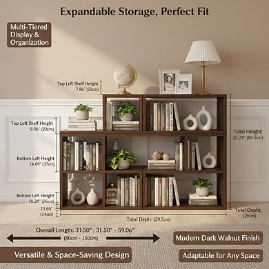 ZUQIETA 3-Tier Ladder Bookcase, Low Extendable Shelf for Small Spaces & Corners, Dark Walnut