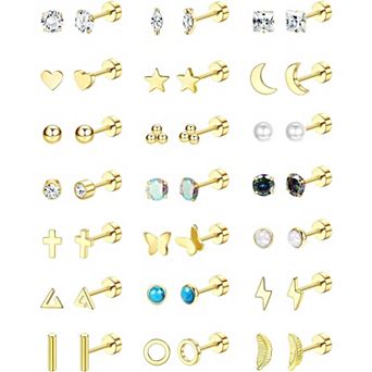 ZUQIETA 21-Pair Surgical Steel Earrings - Hypoallergenic Flat Back Studs for Sensitive Ears