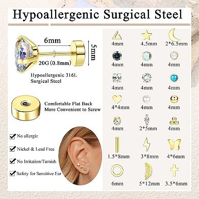 ZUQIETA 21-Pair Surgical Steel Earrings - Hypoallergenic Flat Back Studs for Sensitive Ears