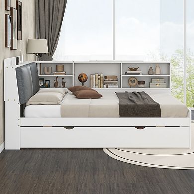 Merax Wood Full Size platform bed with Trundle, Shelves and Storage Headboard