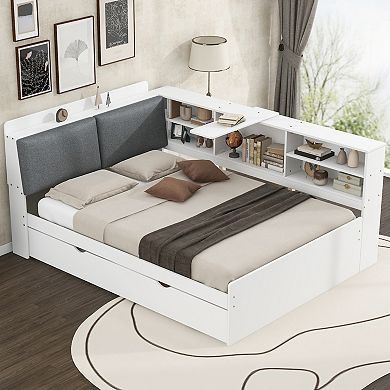 Merax Wood Full Size platform bed with Trundle, Shelves and Storage Headboard