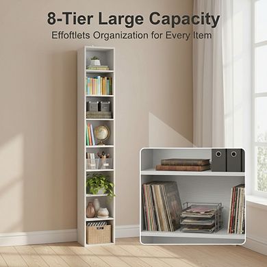 ZUQIETA 8-Tier Narrow Corner Bookcase - Tall Space-Saving Shelf for Living Room & Office, White