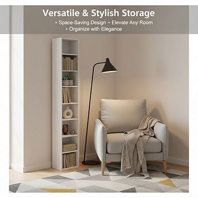 ZUQIETA 8-Tier Narrow Corner Bookcase - Tall Space-Saving Shelf for Living Room & Office, White