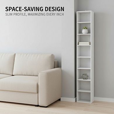 ZUQIETA 8-Tier Narrow Corner Bookcase - Tall Space-Saving Shelf for Living Room & Office, White