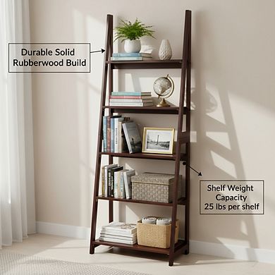 ZUQIETA 5-Shelf Ladder Bookcase, Solid Rubberwood Frame, 70.1" H, Espresso Finish