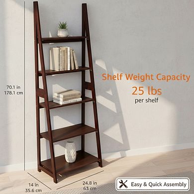 ZUQIETA 5-Shelf Ladder Bookcase, Solid Rubberwood Frame, 70.1" H, Espresso Finish