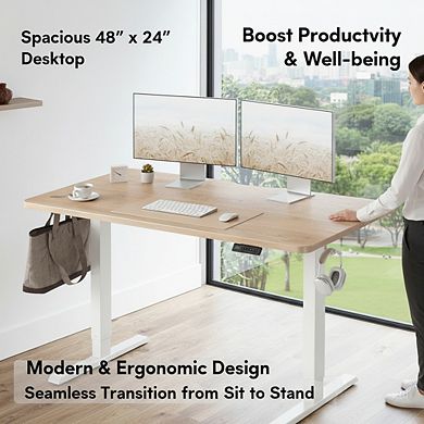 KSIZUIS 48"x24" Electric Standing Desk - Adjustable Sit-Stand Desk with Maple Top & White Frame