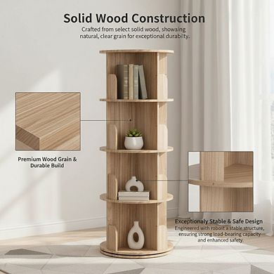 ZUQIETA 4-Tier 360° Rotating Solid Wood Bookshelf, Floor Standing Display & Storage Organizer