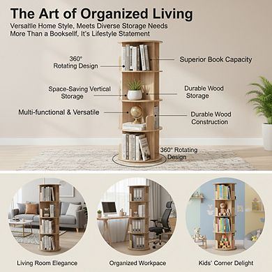 ZUQIETA 4-Tier 360° Rotating Solid Wood Bookshelf, Floor Standing Display & Storage Organizer