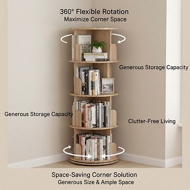 ZUQIETA 4-Tier 360° Rotating Solid Wood Bookshelf, Floor Standing Display & Storage Organizer