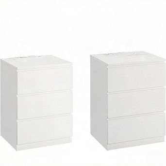 ZUQIETA Nightstand Set of 2 with Charging Station - 3 Drawers, AC & USB Ports, Cloud White Modern