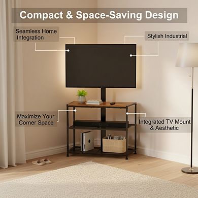 ZUQIETA Small Space Corner TV Stand - with Storage Shelves for 23-50” TVs, Rustic Brown