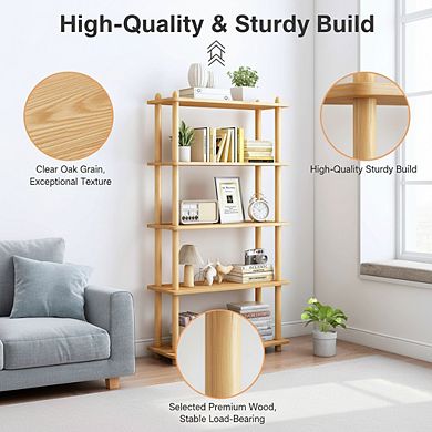 ZUQIETA 5-Tier Modern Wooden Bookcase, Open Rectangle Shelf for Home & Office, Oak Finish
