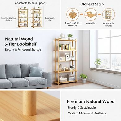 ZUQIETA 5-Tier Modern Wooden Bookcase, Open Rectangle Shelf for Home & Office, Oak Finish