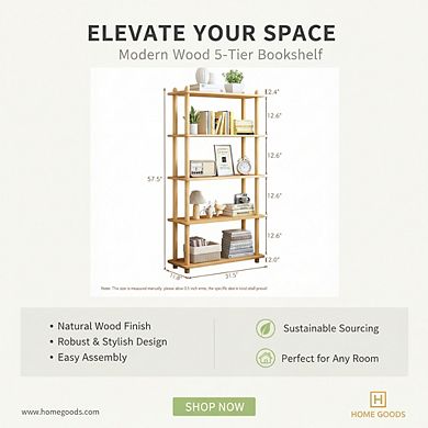 ZUQIETA 5-Tier Modern Wooden Bookcase, Open Rectangle Shelf for Home & Office, Oak Finish