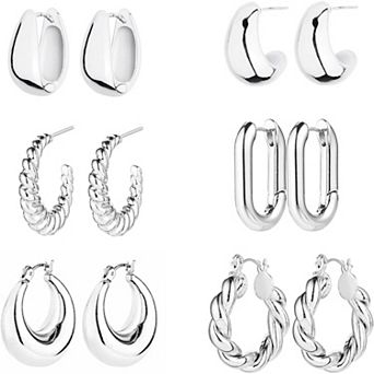 ZUQIETA 6-Pair Hoop Earring Set - Silver, 3 Styles & Gift Ready