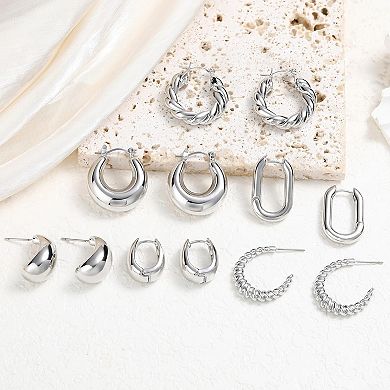 ZUQIETA 6-Pair Hoop Earring Set - Silver, 3 Styles & Gift Ready