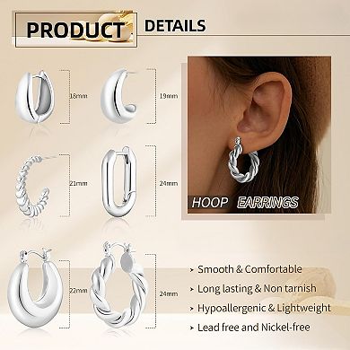 ZUQIETA 6-Pair Hoop Earring Set - Silver, 3 Styles & Gift Ready
