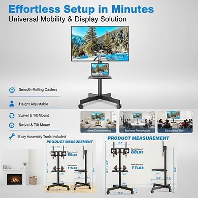 ZUQIETA Silent Rolling TV Stand - Mobile Cart with Adjustable Height & Tilt for 23-65” TVs