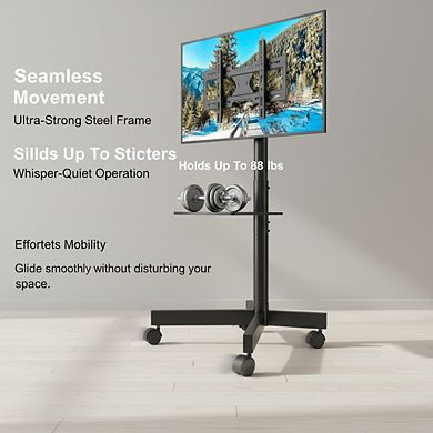 ZUQIETA Silent Rolling TV Stand - Mobile Cart with Adjustable Height & Tilt for 23-65” TVs