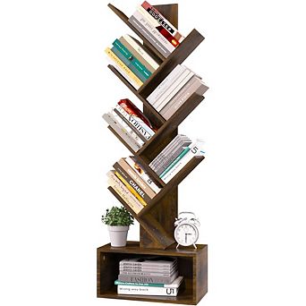 ZUQIETA 6-Shelf Tree Bookcase, Retro Floor Standing Storage for Books, CDs & Movies in Rustic Brown