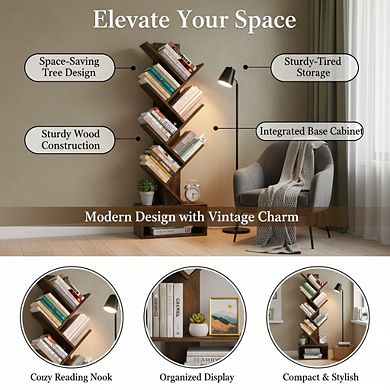 ZUQIETA 6-Shelf Tree Bookcase, Retro Floor Standing Storage for Books, CDs & Movies in Rustic Brown