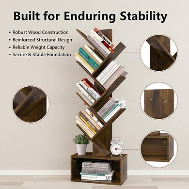 ZUQIETA 6-Shelf Tree Bookcase, Retro Floor Standing Storage for Books, CDs & Movies in Rustic Brown