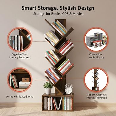 ZUQIETA 6-Shelf Tree Bookcase, Retro Floor Standing Storage for Books, CDs & Movies in Rustic Brown