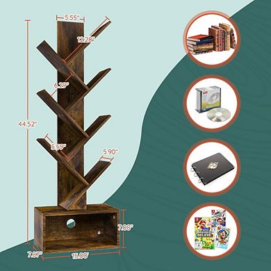 ZUQIETA 6-Shelf Tree Bookcase, Retro Floor Standing Storage for Books, CDs & Movies in Rustic Brown