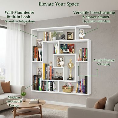 ZUQIETA 6-Tier Wall Mounted Geometric Bookshelf, 47" H Floating Display Shelf for Bedroom Living