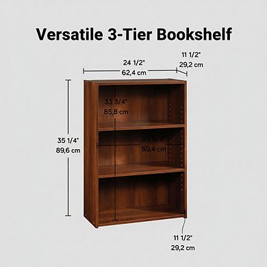 ZUQIETA Modern 3-Shelf Bookcase, Adjustable Storage Shelves in Brook Cherry Finish