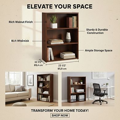 ZUQIETA Modern 3-Shelf Bookcase, Adjustable Storage Shelves in Brook Cherry Finish