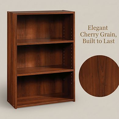 ZUQIETA Modern 3-Shelf Bookcase, Adjustable Storage Shelves in Brook Cherry Finish