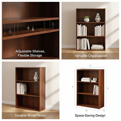 ZUQIETA Modern 3-Shelf Bookcase, Adjustable Storage Shelves in Brook Cherry Finish