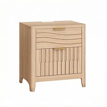 ZUQIETA Fluted Nightstand with Charging Station & 2 Drawers, Curved Mid-Century Modern, Natural Oak