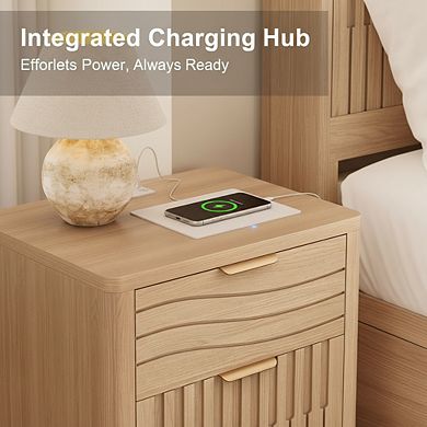 ZUQIETA Fluted Nightstand with Charging Station & 2 Drawers, Curved Mid-Century Modern, Natural Oak