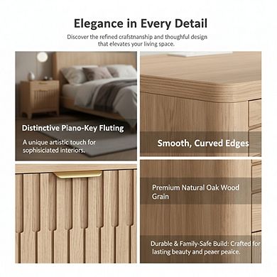 ZUQIETA Fluted Nightstand with Charging Station & 2 Drawers, Curved Mid-Century Modern, Natural Oak