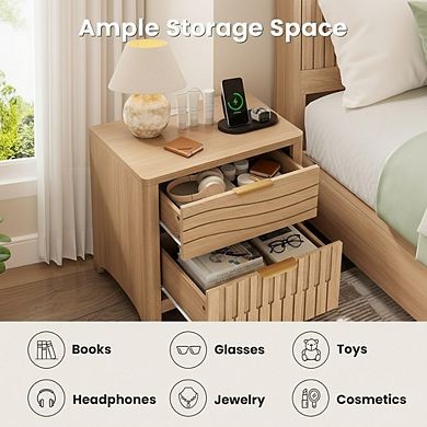 ZUQIETA Fluted Nightstand with Charging Station & 2 Drawers, Curved Mid-Century Modern, Natural Oak