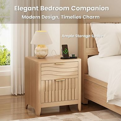 ZUQIETA Fluted Nightstand with Charging Station & 2 Drawers, Curved Mid-Century Modern, Natural Oak