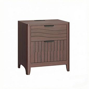 ZUQIETA Fluted Nightstand with Charging Station & 2 Drawers, Curved Mid-Century Modern Walnut