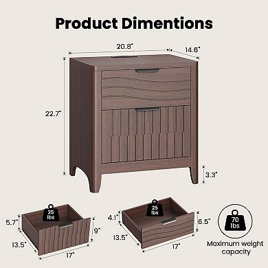 ZUQIETA Fluted Nightstand with Charging Station & 2 Drawers, Curved Mid-Century Modern Walnut