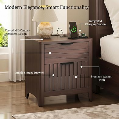 ZUQIETA Fluted Nightstand with Charging Station & 2 Drawers, Curved Mid-Century Modern Walnut