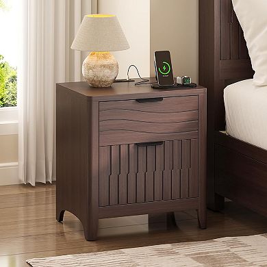 ZUQIETA Fluted Nightstand with Charging Station & 2 Drawers, Curved Mid-Century Modern Walnut
