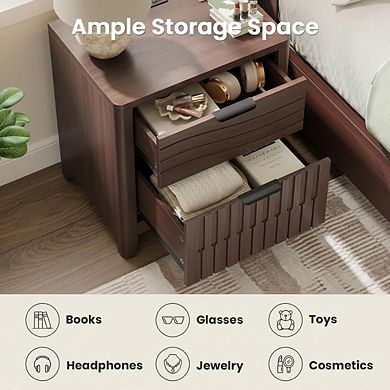 ZUQIETA Fluted Nightstand with Charging Station & 2 Drawers, Curved Mid-Century Modern Walnut