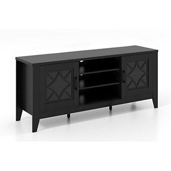 ZUQIETA 65"TV Stand with Glass Door Cabinets & 4 Adjustable Shelves,Modern Media Console,Black