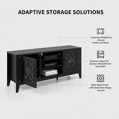 ZUQIETA 65"TV Stand with Glass Door Cabinets & 4 Adjustable Shelves,Modern Media Console,Black